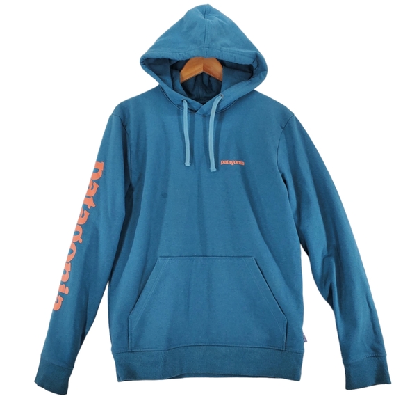 Patagonia Uprisal Hoodie Sweatshirt Men M Regular Fit Teal Pullover Orange Logo - Picture 5 of 14